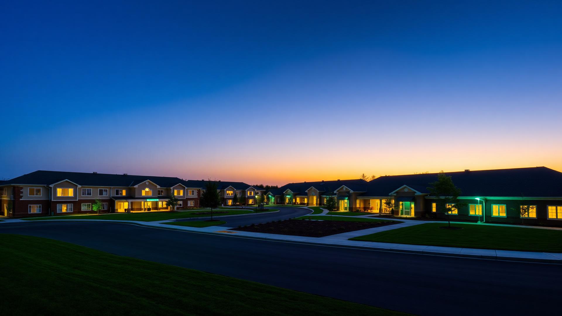 Residential care campus at dusk